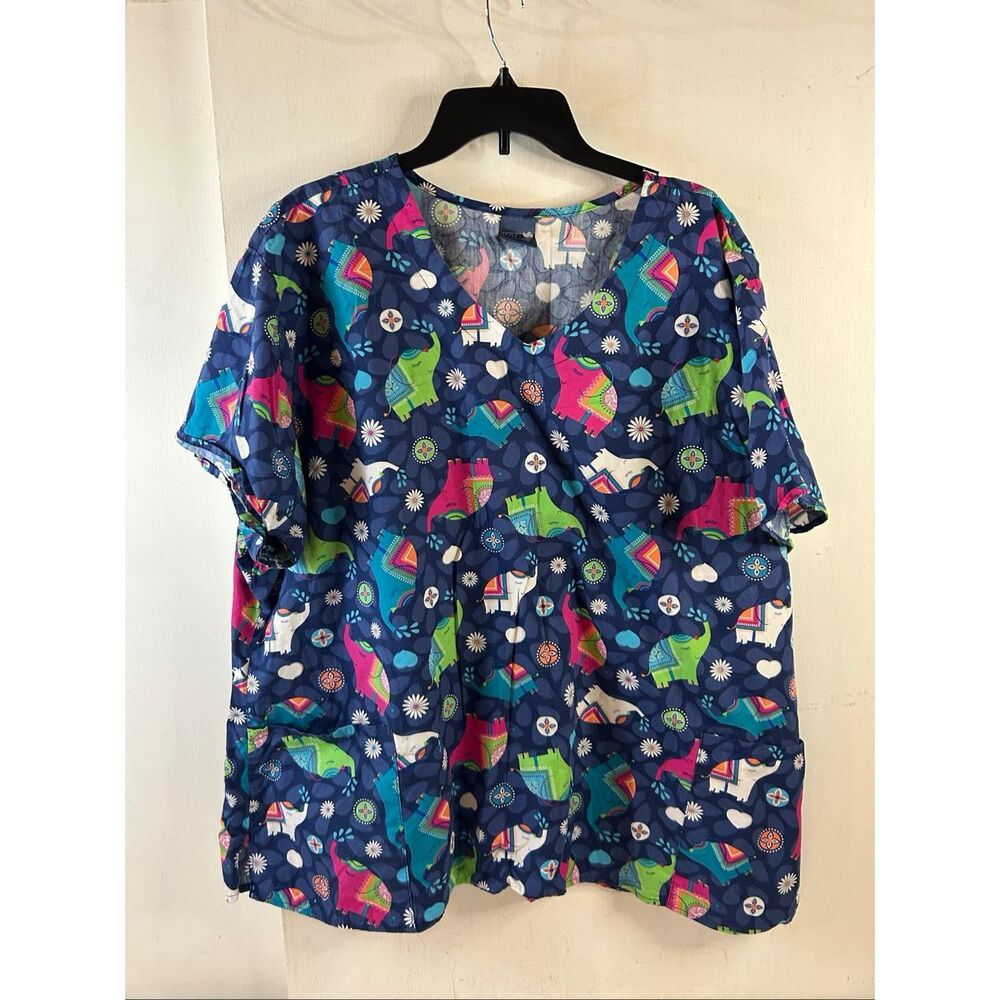 Zoe + Chloe 4x Elephant scrub top blue front pocket‎ #132653